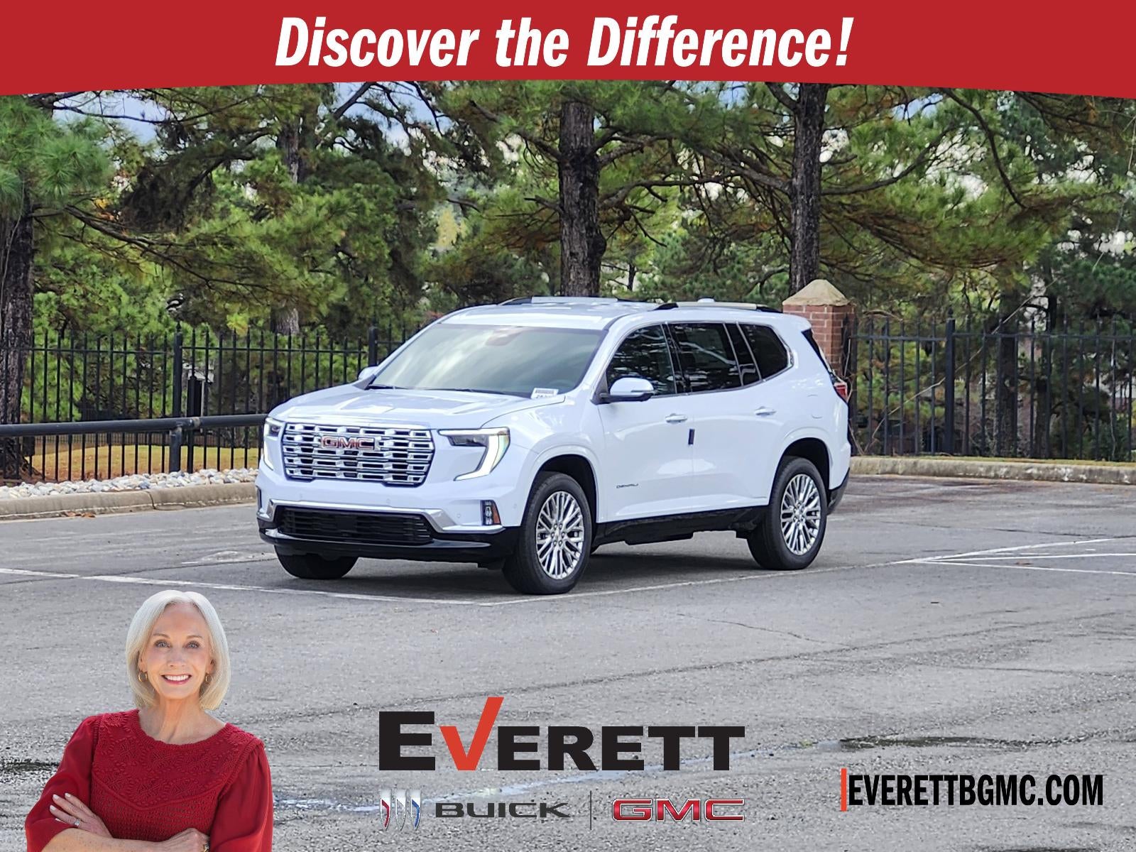 2026 GMC Acadia FWD Denali in Glacier White Tricoat — front three-quarter view
