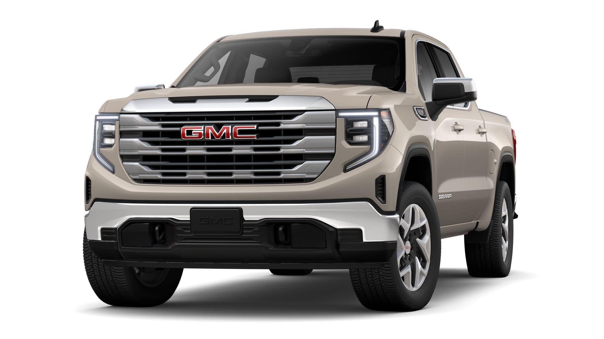 2026 GMC Sierra 1500 Crew Cab Short Box 4-Wheel Drive SLE in Coastal Dune — front three-quarter view