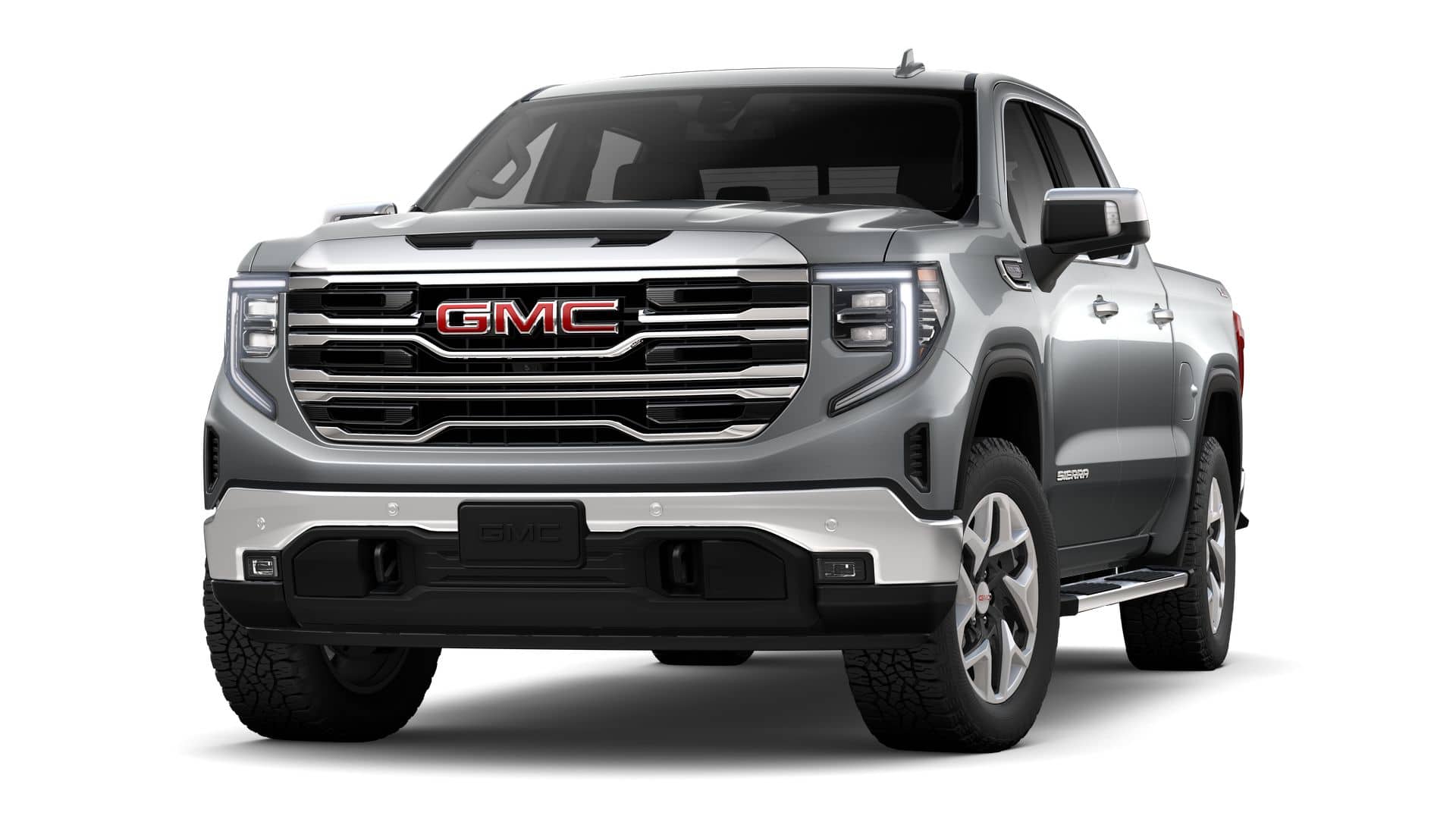 2026 GMC Sierra 1500 Crew Cab Short Box 4-Wheel Drive SLT in Sterling Metallic — front three-quarter view