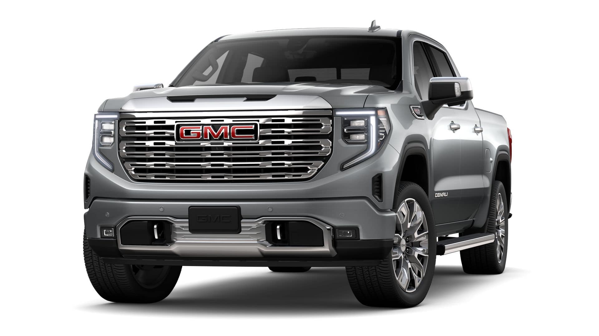 2026 GMC Sierra 1500 Crew Cab Short Box 4-Wheel Drive Denali in Sterling Metallic — front three-quarter view