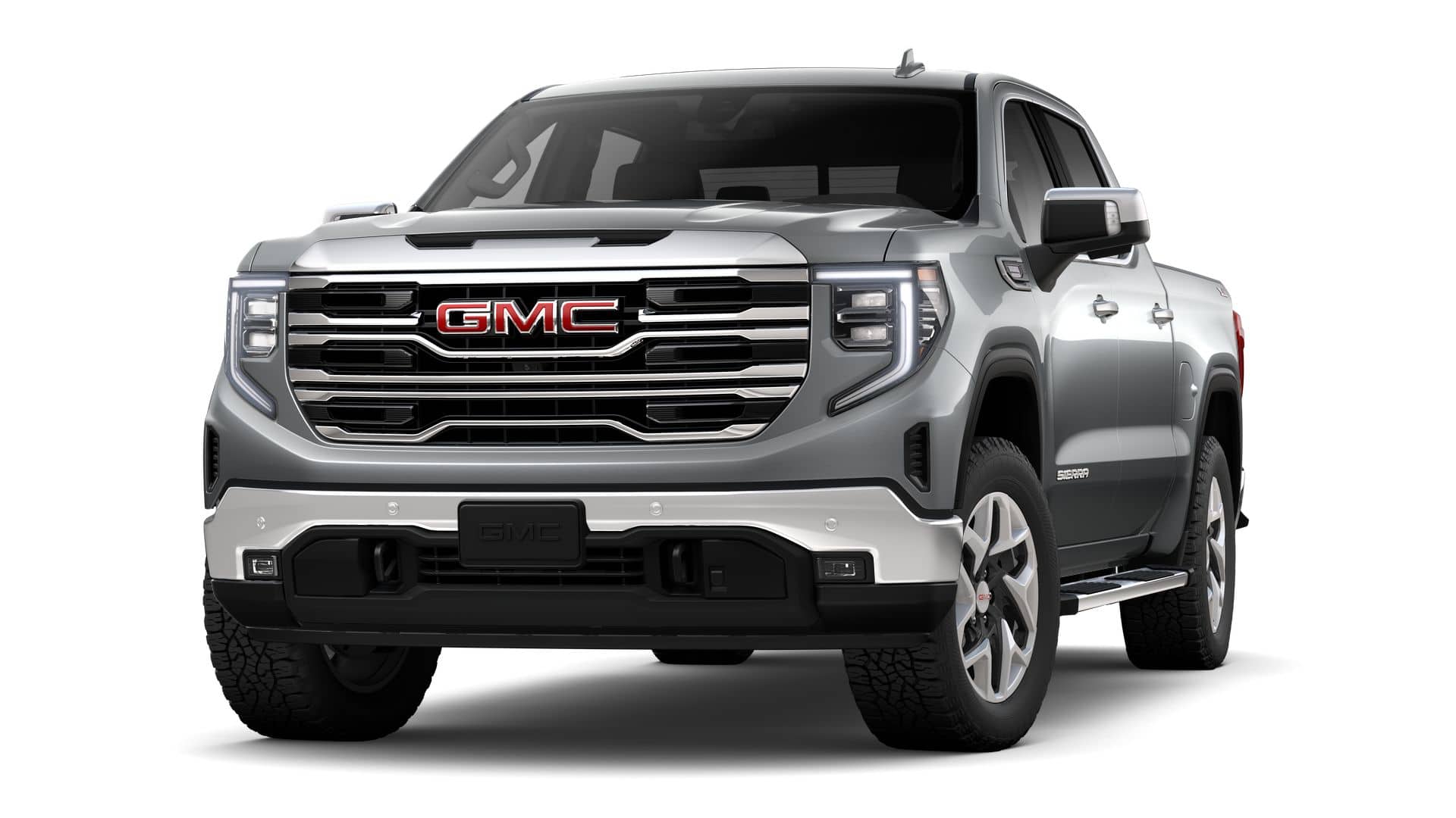 2026 GMC Sierra 1500 Crew Cab Short Box 4-Wheel Drive SLT in Sterling Metallic — front three-quarter view