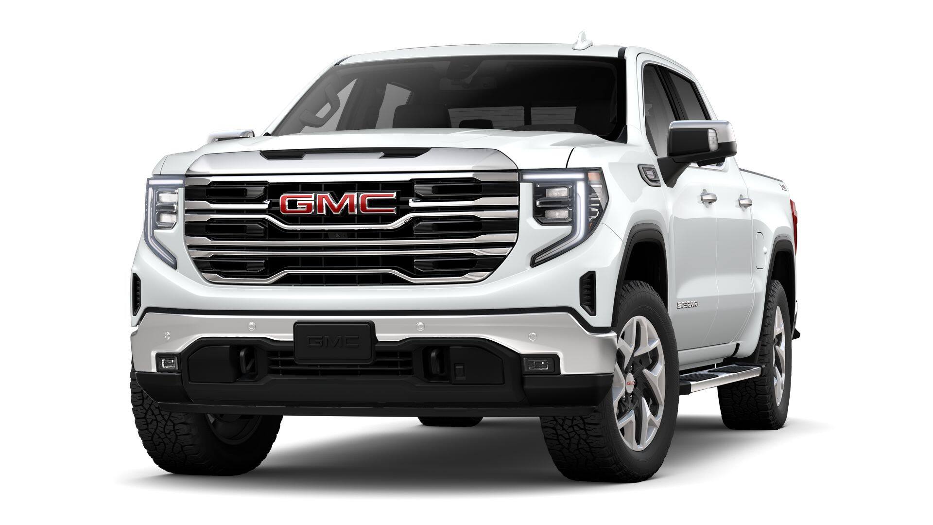 2026 GMC Sierra 1500 Crew Cab Short Box 4-Wheel Drive SLT in Summit White — front three-quarter view
