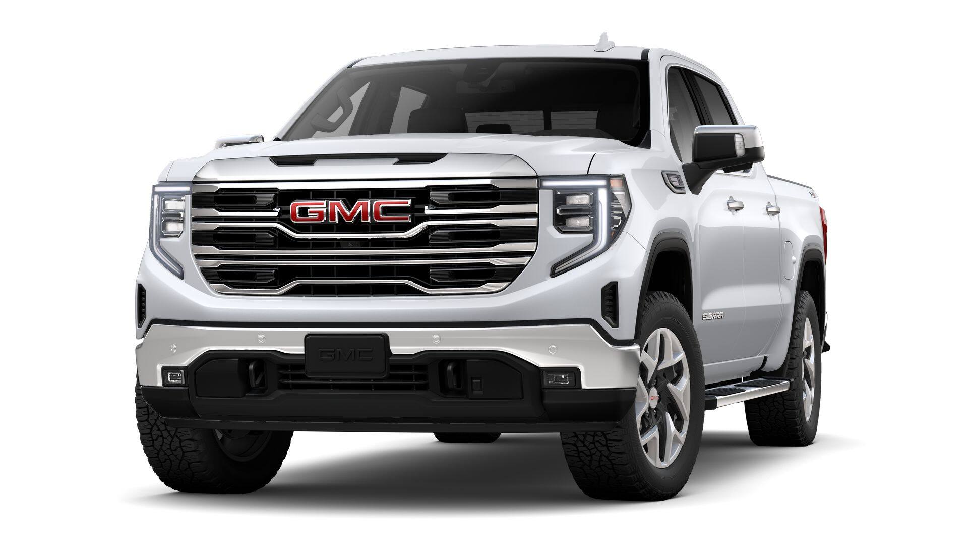2026 GMC Sierra 1500 Crew Cab Short Box 4-Wheel Drive SLT in Glacier White Tricoat — front three-quarter view