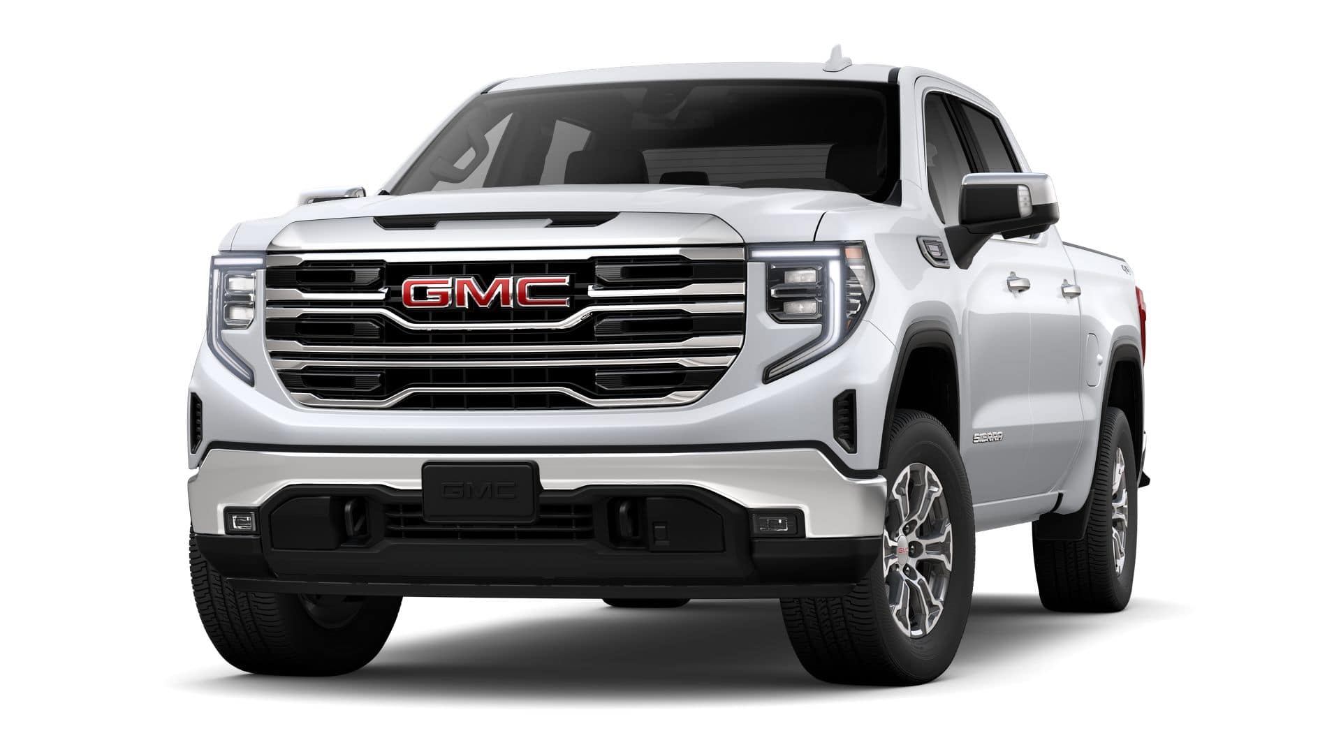 2026 GMC Sierra 1500 Crew Cab Short Box 4-Wheel Drive SLT in Glacier White Tricoat — front three-quarter view